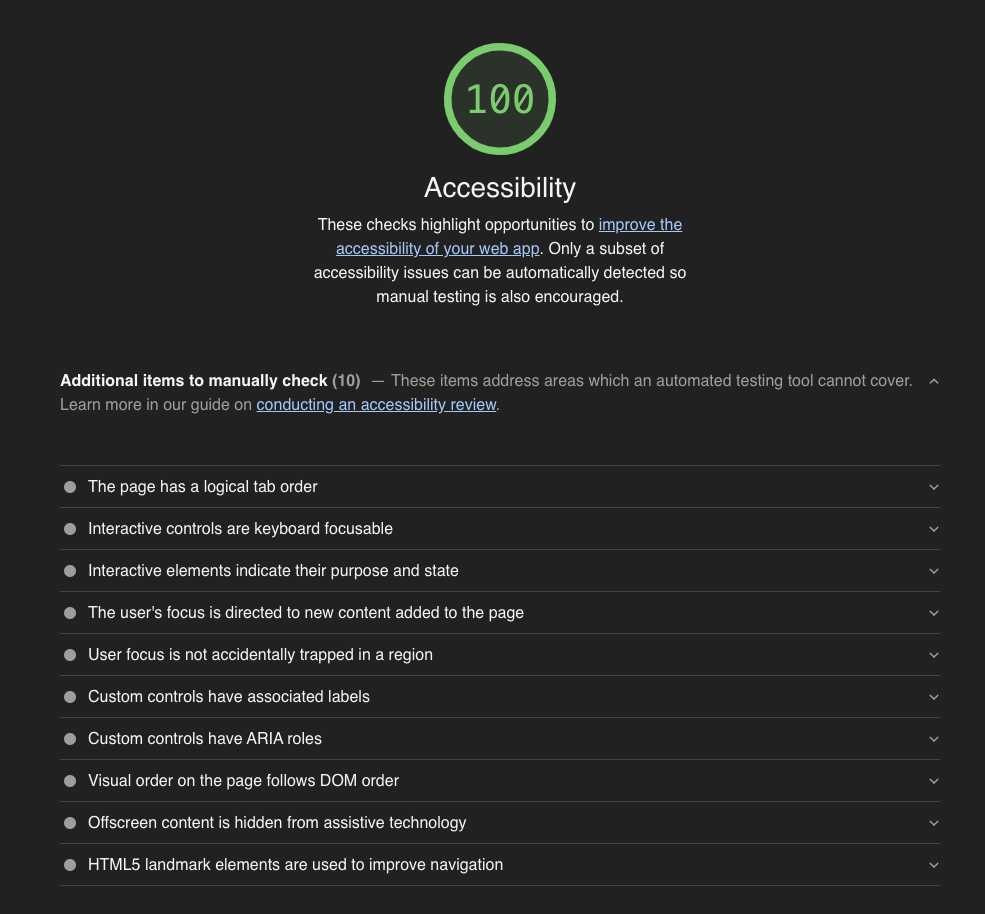 Screenshot of the Lighthouse accessibility report